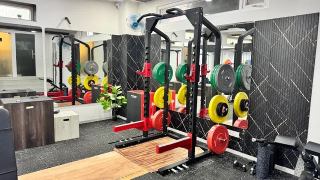 A power rack loaded with weight plates in a compact studio space, floor mats visible underneath.