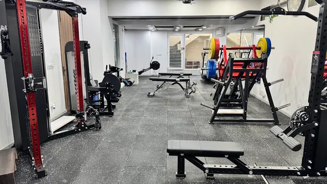 A training rig and flat bench set up in the studio, with free weights within reach.